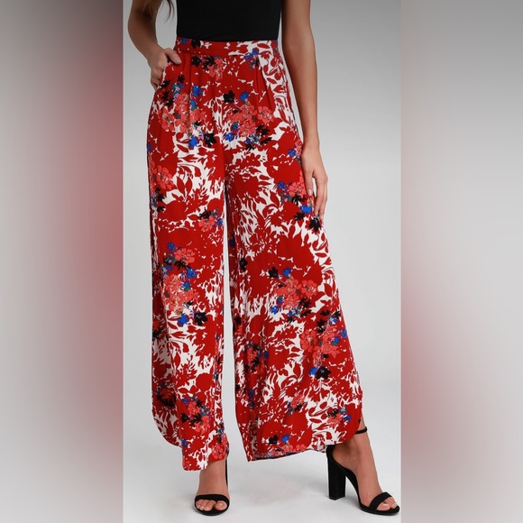 Free People Pants - Free people bohemian Late Night Red Floral Print Wide-Leg Pants size XS